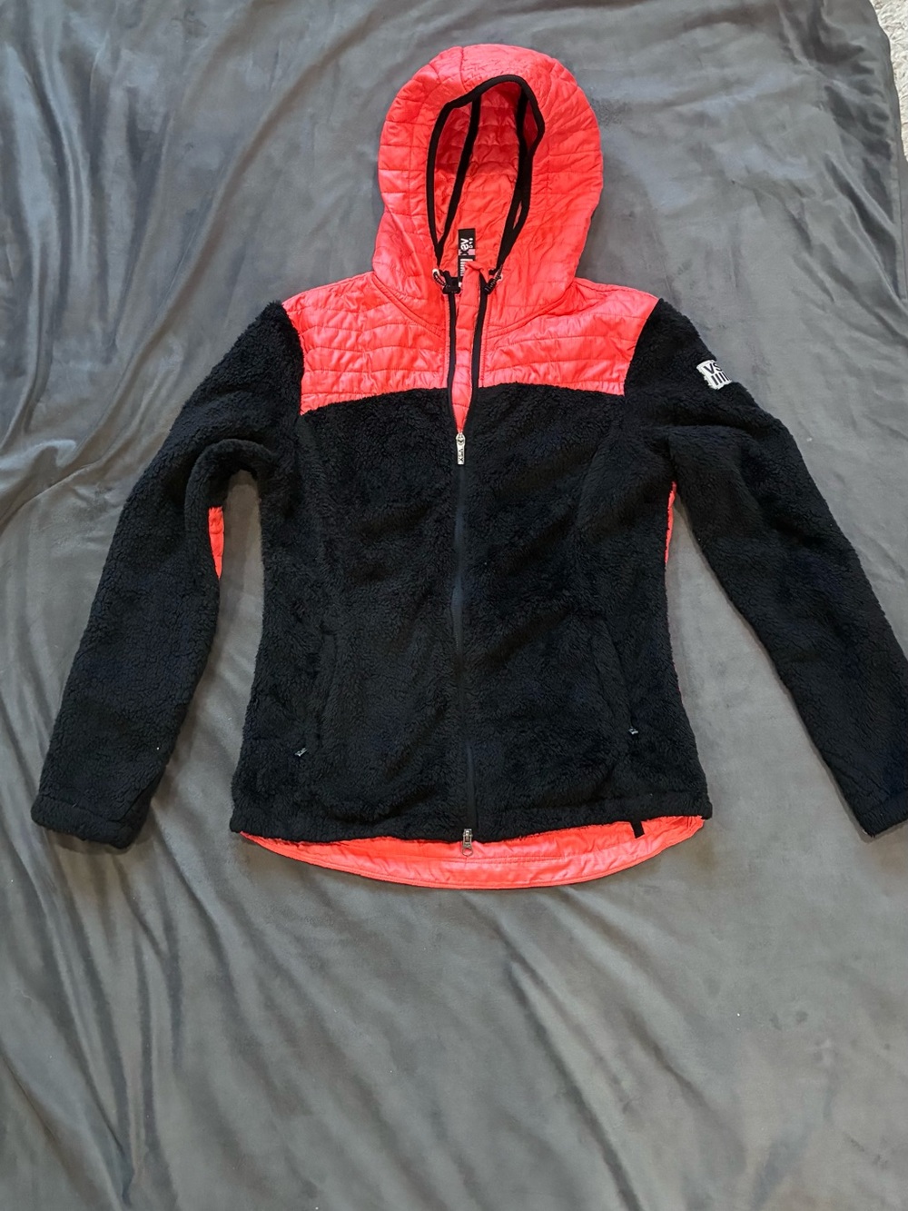 VSX Black Sherpa Jacket with Red Quilted Hood and Yoke